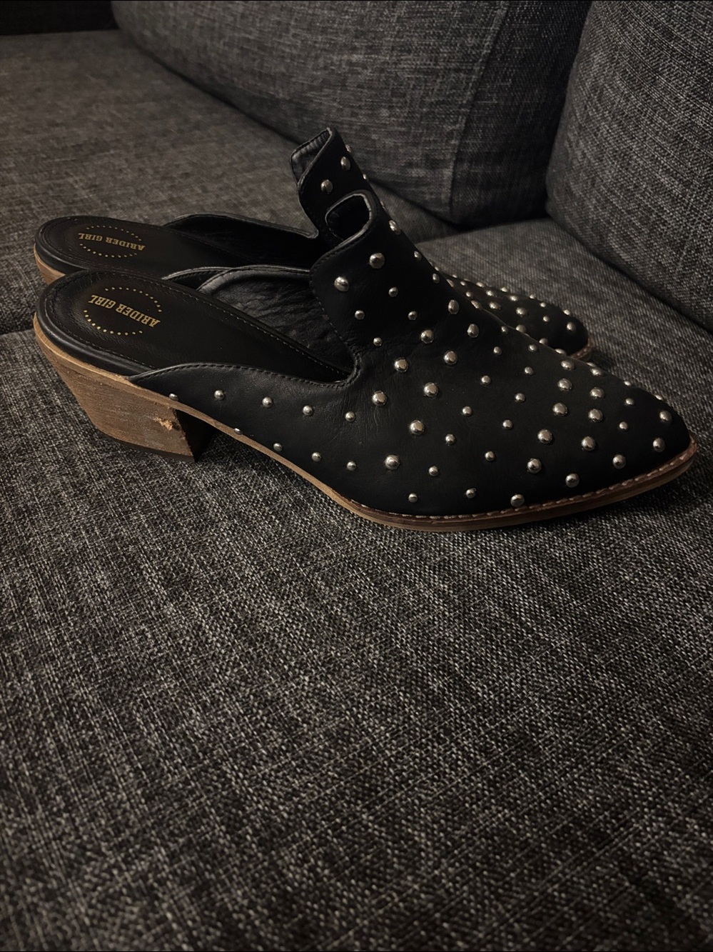 Arider Girl Black Studded chucky heel easy slip on boot look shoe